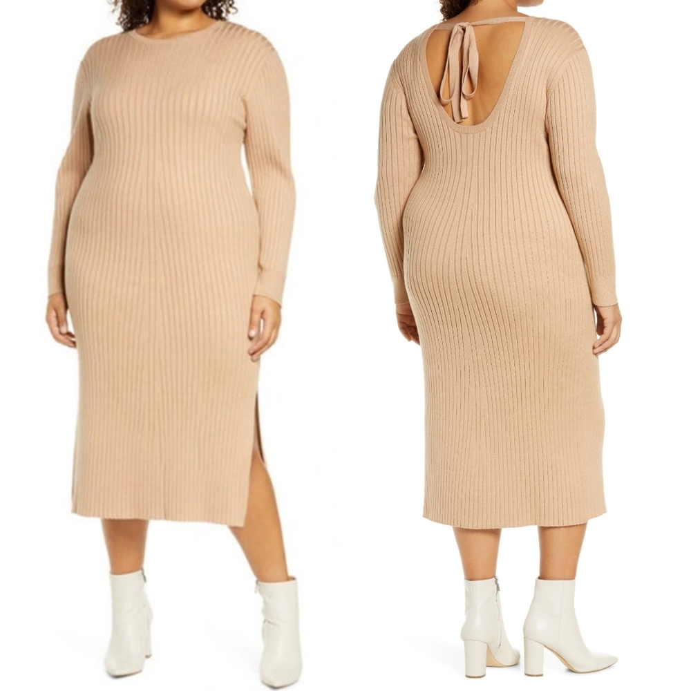 Wayf X BFF Hollie Long Sleeve Side Slit Camel Ribbed Sweater Dress‎ XL